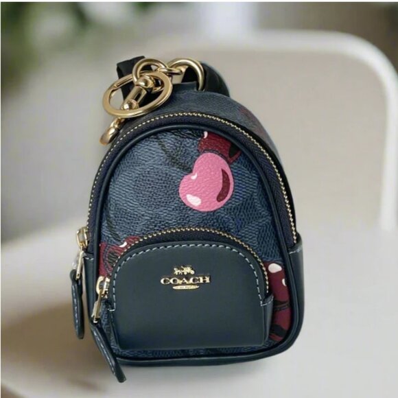 Coach Mini Court Cherry Backpack Bag Charm CZ086 Keychain Signature Canvas Blue - Picture 1 of 11